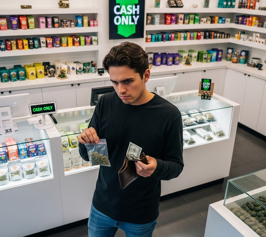 A customer feeling sad at a cash-only cannabis dispensary checkout.